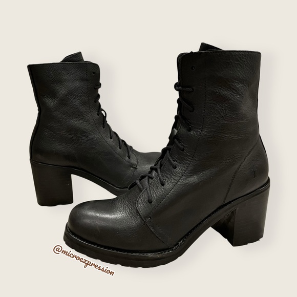 $429 Frye Karen Lace Up Black Leather Combat Short Chunky Heeled Moto Ankle Boot - Picture 15 of 15